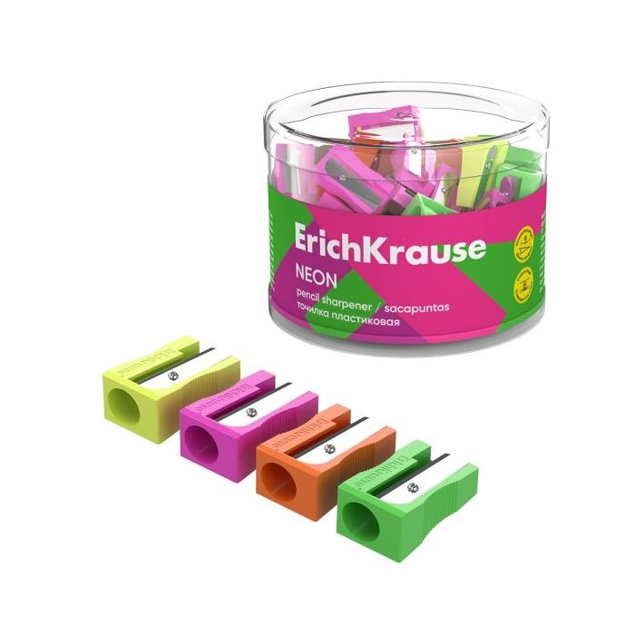 ErichKrause EasySharp Neon Sacapuntas de Plastico - Cuchilla Niquelada de Acero al Carbono - Orificio de 8mm - Colores Surtidos