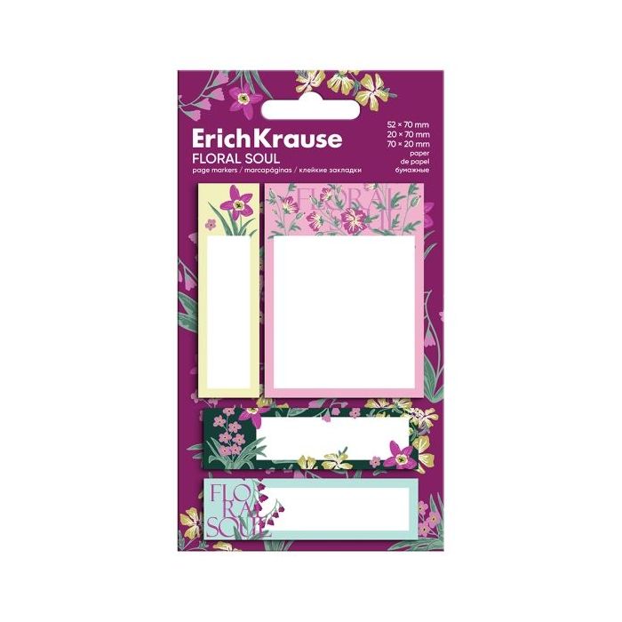 ErichKrause Floral Soul Pack de 4 Blocs de 20 Marcadores de Pagina - Reposicionables - Papel de 75g/m2 - 3 Formatos Diferentes -
