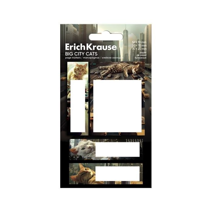 ErichKrause Big City Cats Pack de 4 Blocs de 20 Marcadores de Pagina - Reposicionables - Papel de 75g/m2 - 3 Formatos Diferentes