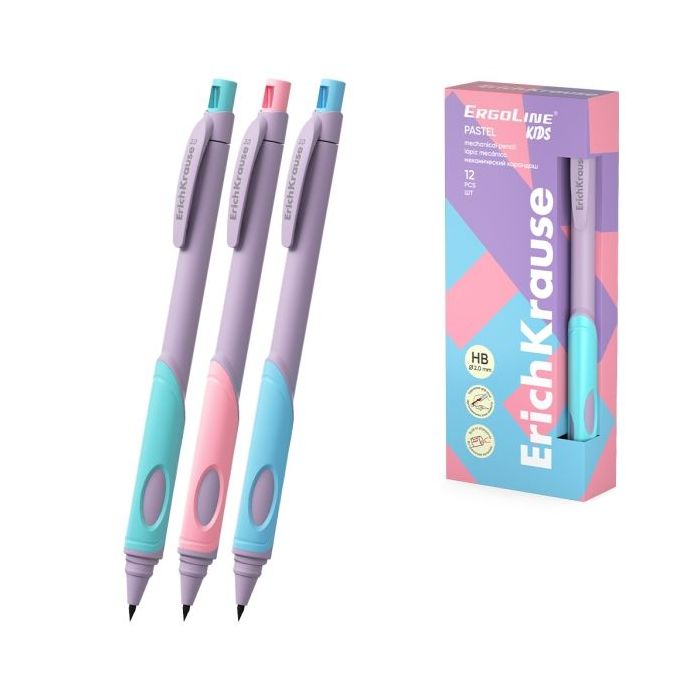 ErichKrause ErgoLine Kids Pastel Portaminas - Mina HB de 2.0mm - Sacapuntas Integrado - Ergonomico - Colores Surtidos