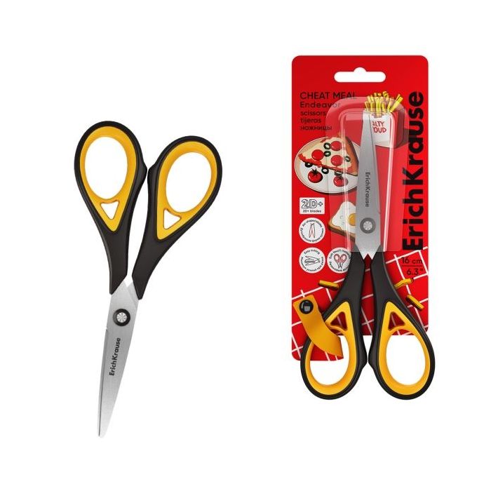 ErichKrause Endeavor Cheat Meal Tijeras de 16cm - Mangos de Plastico y Goma Antideslizante - Cuchillas en Forma de Arco - Ergono