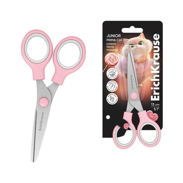 ErichKrause Junior Prima Cat Tijeras de 13cm - Mangos de Plastico Resistente a Golpes - Ergonomicas - Color Rosa