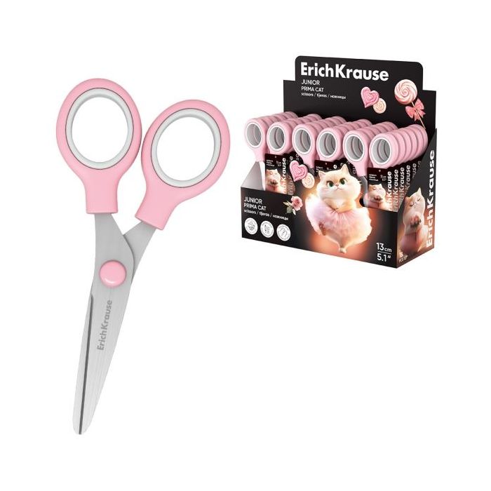 ErichKrause Junior Prima Cat Expositor con 24 Tijeras de 13cm - Mangos de Plastico Resistente a Golpes - Ergonomicas - Color Ros