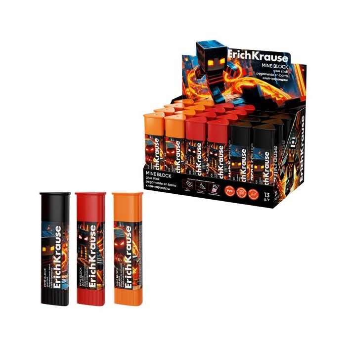 ErichKrause Prism Mine Block Expositor con 24 Pegamentos en Barra - 13g - Adhesion Fuerte - Multisuperficie - Color Blanco