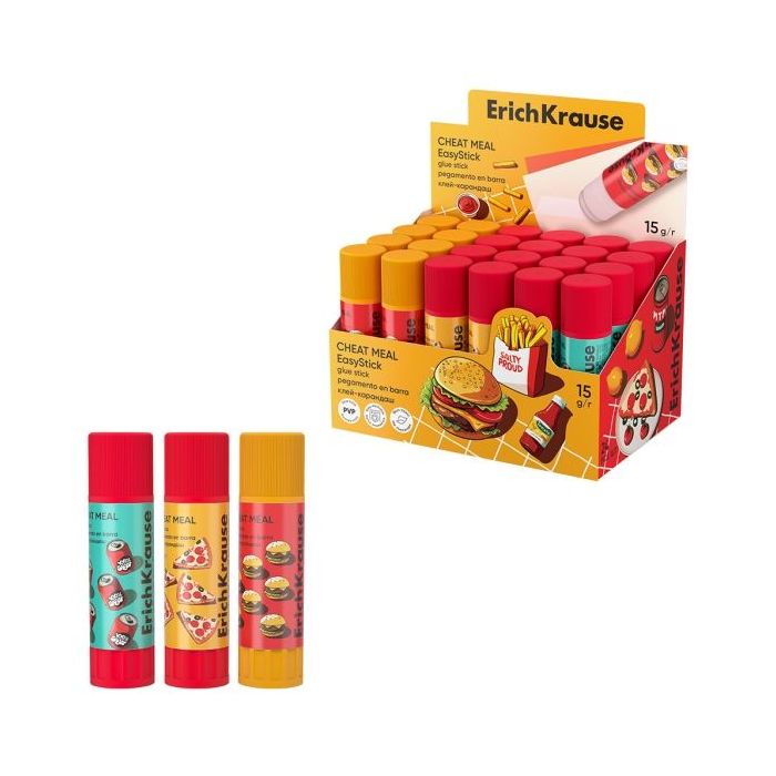 ErichKrause EasyStick Cheat Meal Expositor con 24 Pegamentos en Barra - 15g - Secado Rapido - Multisuperficie - Motivos - Color