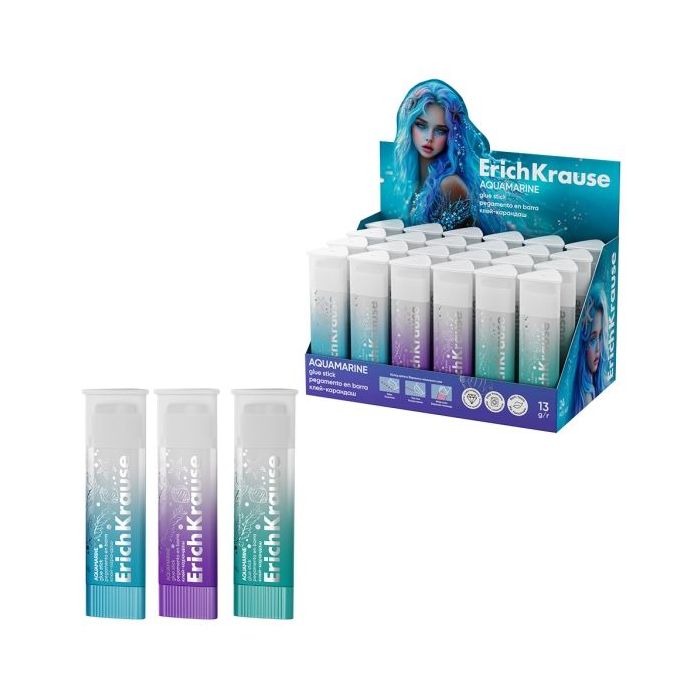 ErichKrause Prism Aquamarine Expositor con 24 Pegamentos en Barra - 13g - Adhesion Fuerte - Secado Rapido - Multisuperficie - Co
