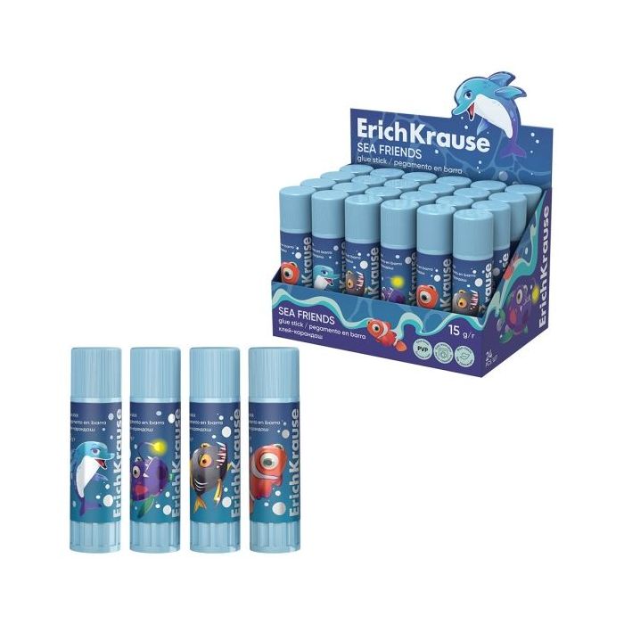 ErichKrause EasyStick Sea Friends Expositor con 24 Pegamentos en Barra - 15g - sin Residuos - No Mancha - Multisuperficie - Colo