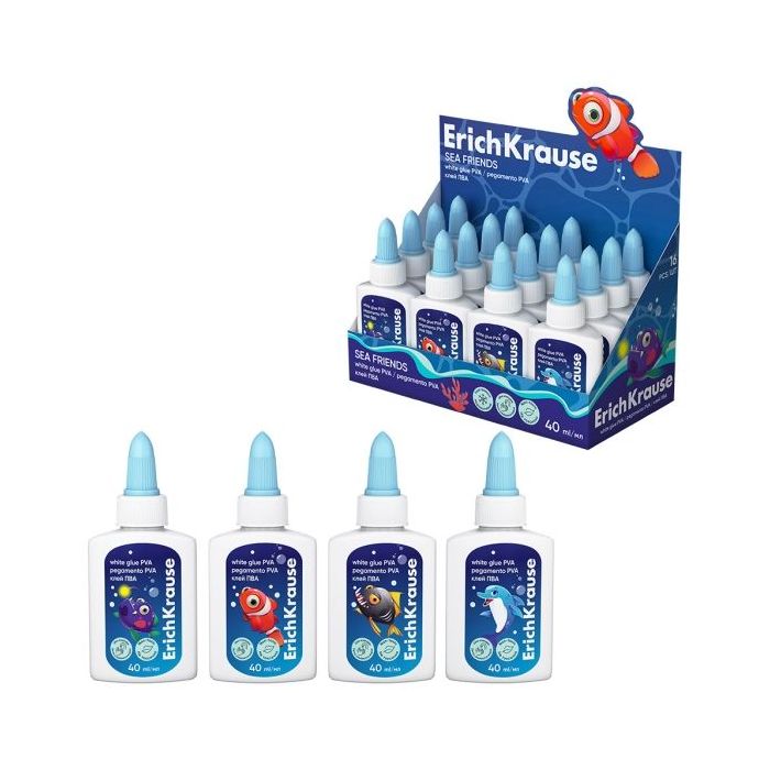 ErichKrause EasyStick Sea Friends Expositor con 16 Botellas de Cola Blanca - 40ml - Aplicador Autolimpiante - No Toxico - Facil