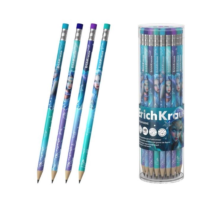 ErichKrause Aquamarine Lapiz de Grafito con Goma de Borrar - Mina HB - Cuerpo Redondo - Plastico - Agarre Ergonomico - Colores S