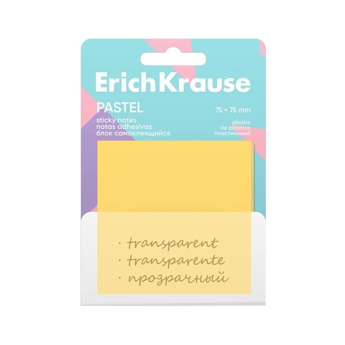 ErichKrause Pastel Bloc de 50 Notas Adhesivas Reposicionables - Plastico - 75x75mm - Pegamento a Base de Agua - Colores Surtidos