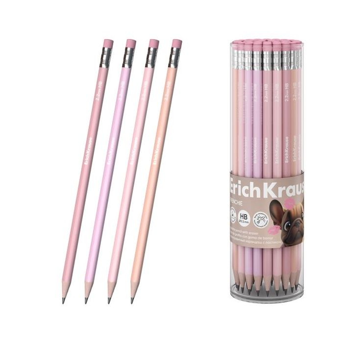 ErichKrause Frenchie Lapiz de Grafito con Goma de Borrar - Mina HB - Cuerpo Triangular - Agarre Ergonomico - Colores Surtidos