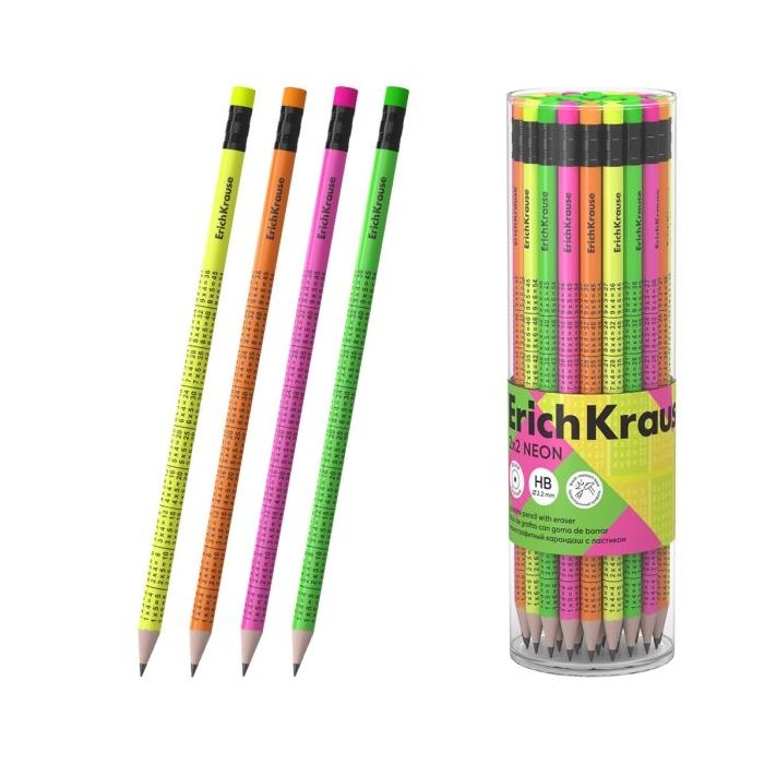 ErichKrause 2x2 Neon Lapiz de Grafito con Goma de Borrar - Mina HB de 2.2mm - Cuerpo Redondo - Colores Surtidos