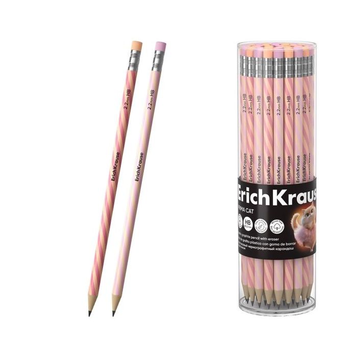 ErichKrause Prima Cat Lapiz de Grafito con Goma de Borrar - Mina HB - Cuerpo Redondo - Plastico - Agarre Ergonomico - Colores Su