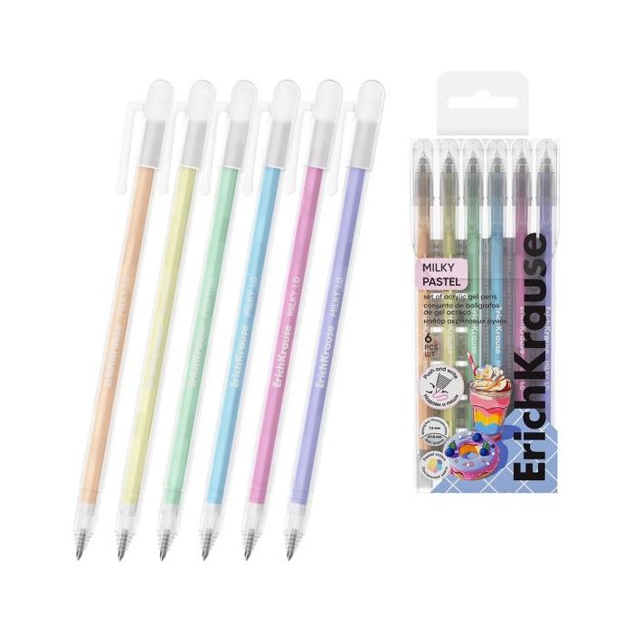 ErichKrause Milky Pack de 6 Boligrafos con Capuchon - Punta de 1.0mm - Trazo 1mm - Tinta de Gel - Resistente al Agua - Secado Ra