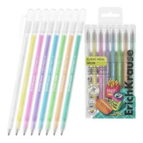 ErichKrause Cheat Meal Pack de 8 Boligrafos con Capuchon - Punta de 1.0mm - Trazo 1mm - Tinta de Gel - Resistente al Agua - Seca