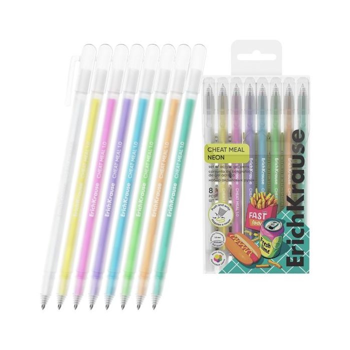 ErichKrause Cheat Meal Pack de 8 Boligrafos con Capuchon - Punta de 1.0mm - Trazo 1mm - Tinta de Gel - Resistente al Agua - Seca