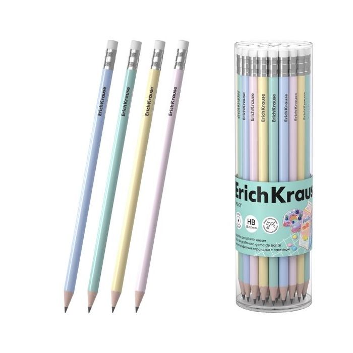 ErichKrause Milky Lapiz de Grafito con Goma de Borrar - Mina HB - Cuerpo Redondo - Agarre Ergonomico - Colores Surtidos