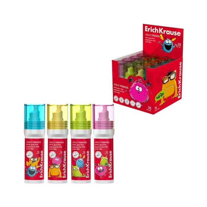 ErichKrause Jolly Friends Expositor con 16 Botellas de Cola Blanca PVA - 35ml - No Toxico - Facil de Lavar con Agua - sin Disolv