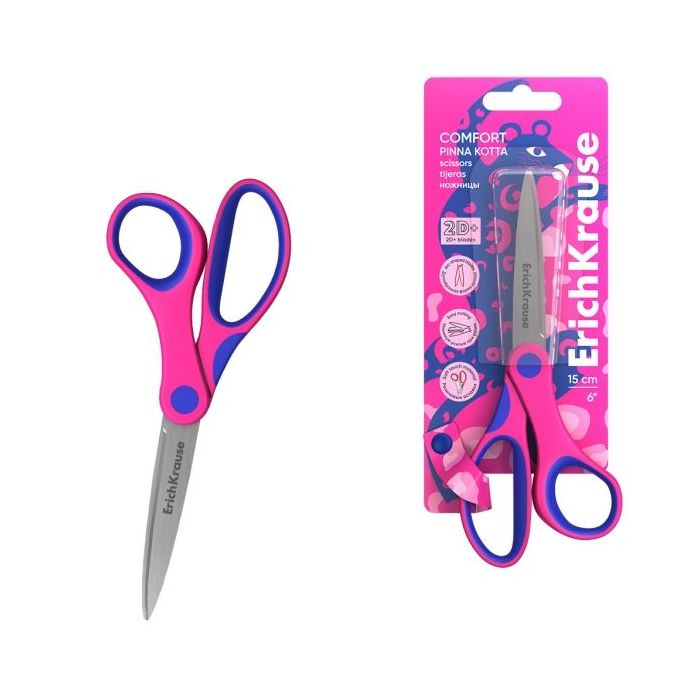 ErichKrause Comfort Pinna Kotta Tijeras de 15cm - Mangos de Plastico y Goma Antideslizante - Cuchillas en Forma de Arco - Ergono