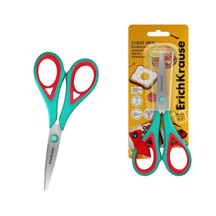 ErichKrause Endeavor Cheat Meal Tijeras de 16cm - Mangos de Plastico y Goma Antideslizante - Cuchillas en Forma de Arco - Ergono