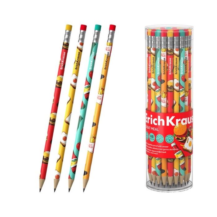 ErichKrause Cheat Meal Lapiz de Grafito con Goma de Borrar - Mina HB - Cuerpo Redondo - Plastico - Agarre Ergonomico - Colores S