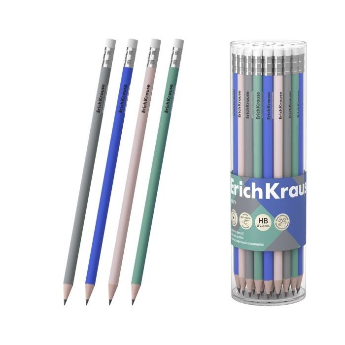 ErichKrause Navy Lapiz de Grafito con Goma de Borrar - Mina HB - Cuerpo Redondo - Colores Surtidos
