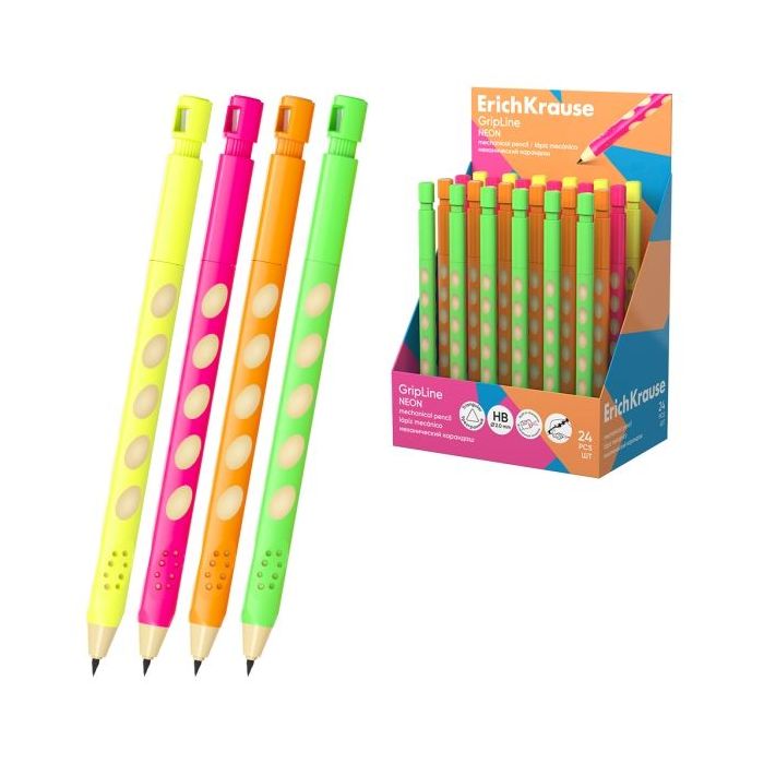 ErichKrause GripLine Neon Expositor con 24 Portaminas - Mina HB de 2.0mm - Agarre Triangular - Sacapuntas Integrado - Ergonomico
