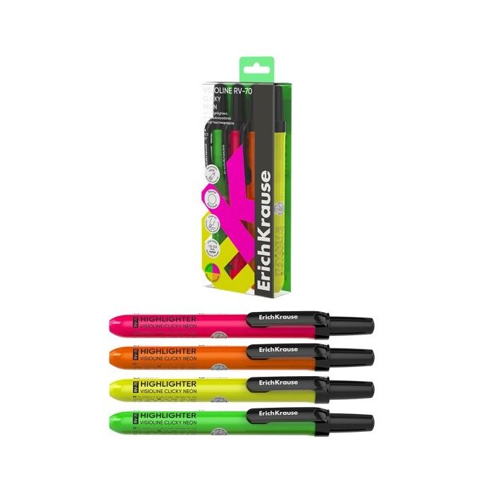 ErichKrause Visioline RV-70 Clicky Neon Pack de 4 Marcadores Fluorescentes - Retractil - Punta Biselada - Trazo de 1.0mm a 3.5mm