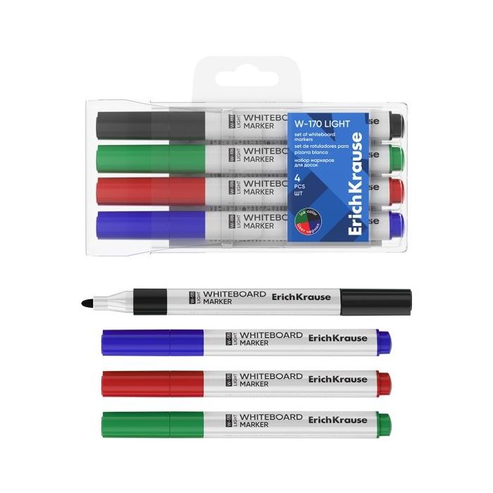 ErichKrause W-170 Light Pack de 4 Rotuladores para Pizarra Blanca - Facil de Borrar - Punta Conica - Trazo de 2.5mm - No Toxico