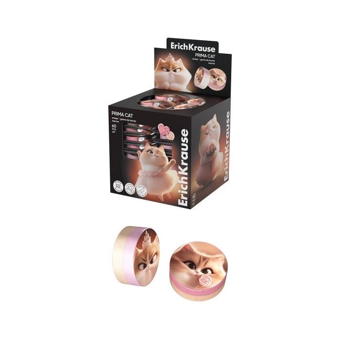 ErichKrause Prima Cat Expositor con 60 Gomas de Borrar - PVC Ecologico - No Deja Residuos - Colores Surtidos