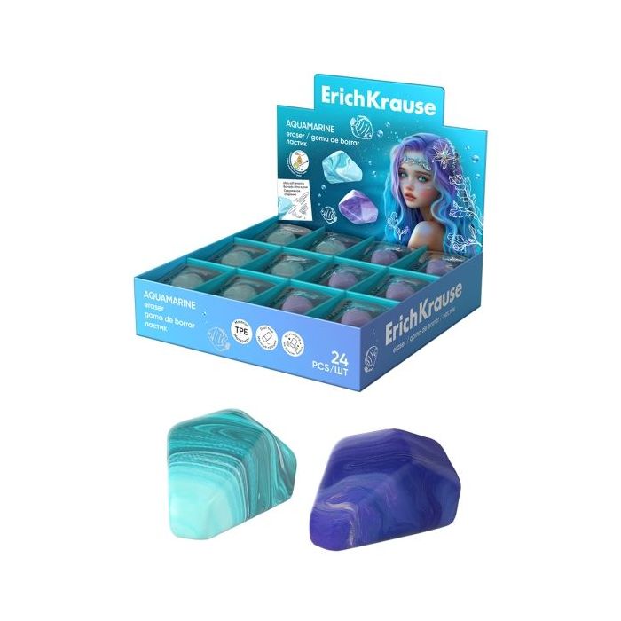 ErichKrause Aquamarine Expositor con 24 Gomas de Borrar - Caucho Termoplastico - Borrado Suave - No Deja Residuos - No Rasga el