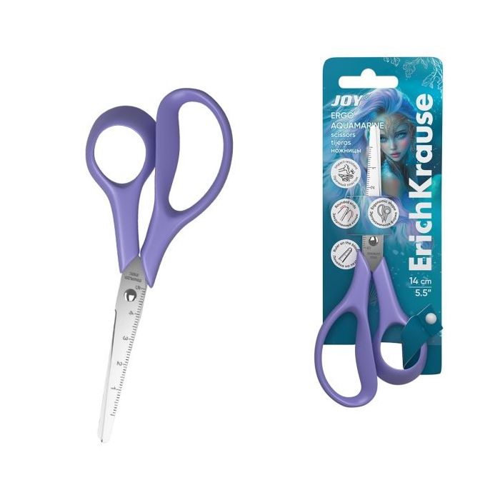 ErichKrause JOY Ergo Aquamarine Tijeras de 14cm - Mangos de Plastico Resistente a Golpes - Regla de 5cm en la Hoja - Ergonomicas