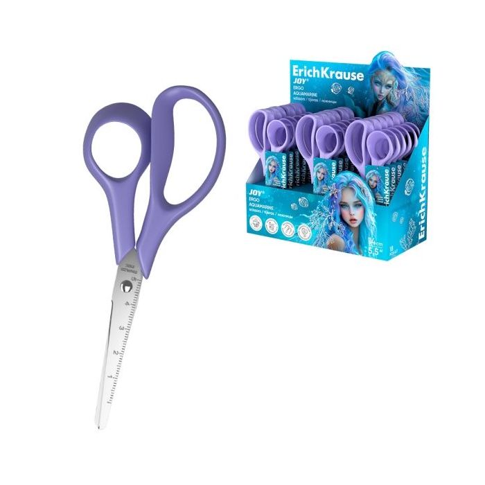 ErichKrause JOY Ergo Aquamarine Expositor con 24 Tijeras de 14cm - Mangos de Plastico Resistente a Golpes - Ergonomicas - Color