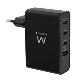 Ewent EW1330 Cargador GaN Universal de Pared 100W Ultrarapido - 3x USB-C PD 3.0 y 1x USB-A QC 3.0 - Color Negro