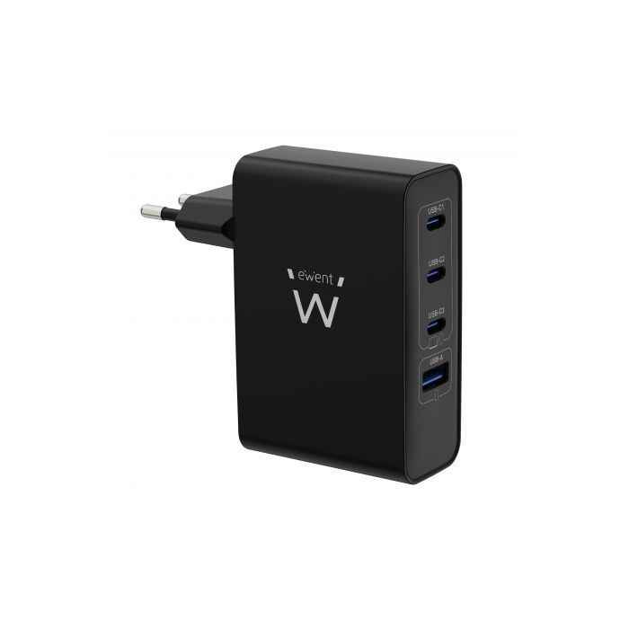 Ewent EW1330 Cargador GaN Universal de Pared 100W Ultrarapido - 3x USB-C PD 3.0 y 1x USB-A QC 3.0 - Color Negro