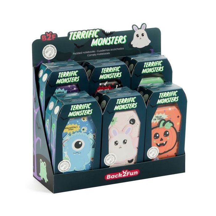 Miquel Rius Back2Fun Halloween Expositor con 12 Cuadernos A6 con Cubierta de Carton Recubierto de PU Acolchado - 80 Hojas con Cu
