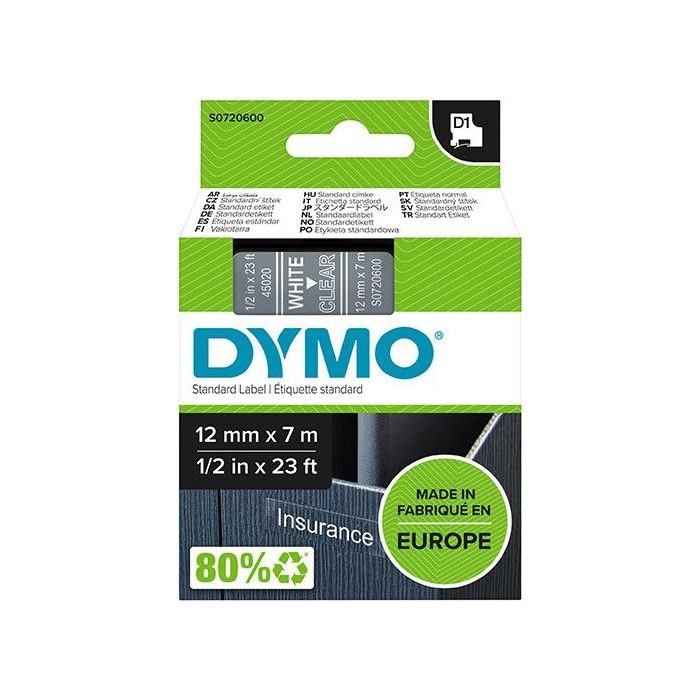 Dymo LM D1 45020 Cinta de Etiquetas Original para Rotuladora - Texto Blanco sobre Fondo Transparente - Ancho 12mm x Largo 7m