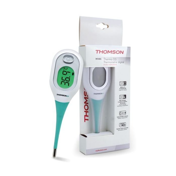Thomson Thermo D3 Termometro Clinico Digital - Medicion Rapida - Punta Flexible - Pantalla Retroiluminada 3 Colores