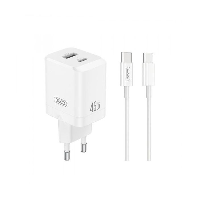 XO CE36 Cargador de Pared - USB-C 45W - USB-A 18W - Power Delivery - Quick Charge - Cable USB-C Incluido - Policarbonato - Resis