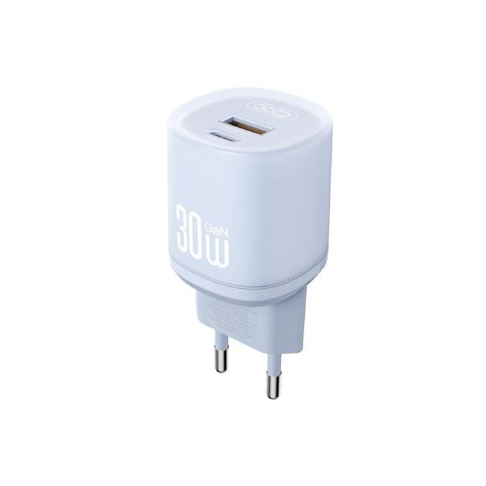 XO L151 Cargador de Pared - Potencia 30W - Tecnologia GaN - USB-A y USB-C - Carga Rapida - Doble Puerto - Compacto - Color Azul