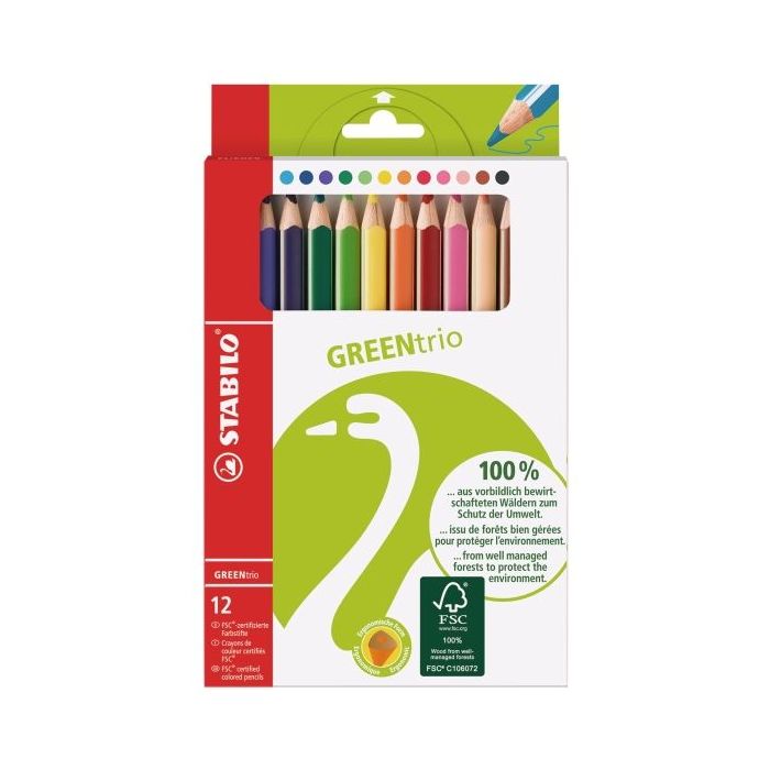Stabilo GREENtrio  Pack con 12 Lapices de Colores - Mina de 2.5mm - Ideal para el Colegio - Colores Surtidos