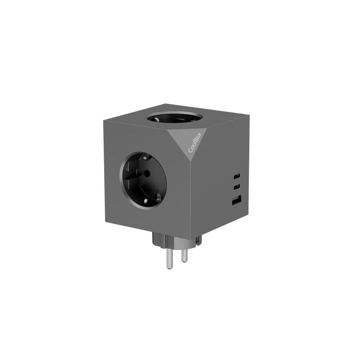Coolbox Cubik Cubo Multienchufes con 3 Tomas + 2x USB-C 20W max. - 1x USB-A 15W max.  - Color Gris