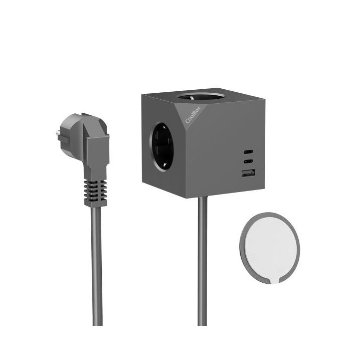 Coolbox Cubik Magnet Cubo Multienchufes de Sobremesa con 3 Tomas + 2x USB-C 20W max. - 1x USB-A 15W max. - Cable de 1,4m - Fijac