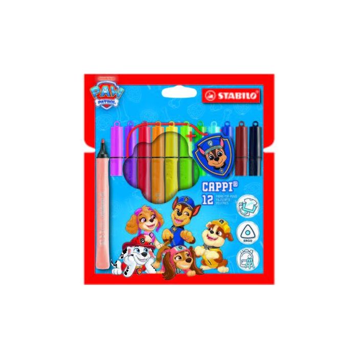 Stabilo Cappi Patrulla Canina Pack con 12 Rotuladores - Trazo de 1mm aprox. - Anilla en el Tapon - Incluye Insignia de Chase - C