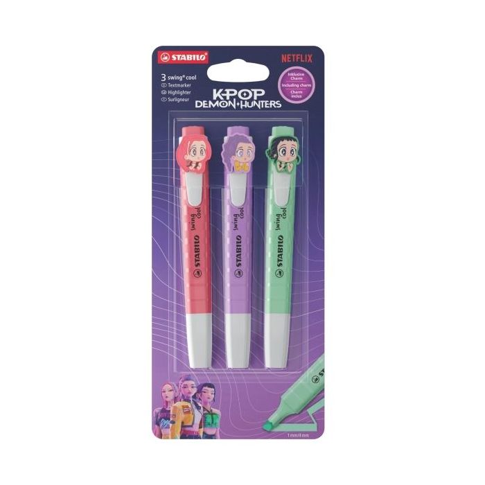 Stabilo Swing Cool K-Pop Demon Hunters Pack con 3 Marcadores - Cuerpo Plano - Punta Biselada - Trazo entre 1 y 4mm - Tinta con B
