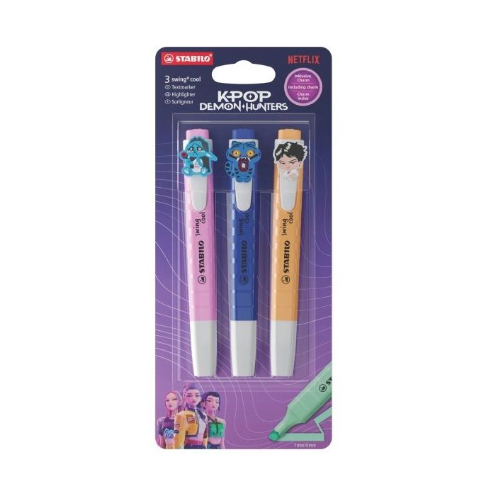 Stabilo Swing Cool K-Pop Demon Hunters Pack con 3 Marcadores - Cuerpo Plano - Punta Biselada - Trazo entre 1 y 4mm - Tinta con B