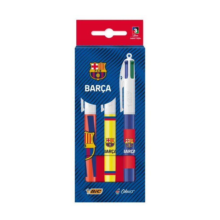 Bic 4 Colours Barça Pack con 3 Boligrafos de Bola Retractil - 3 Diseños Diferentes - Punta Media de 1.0mm