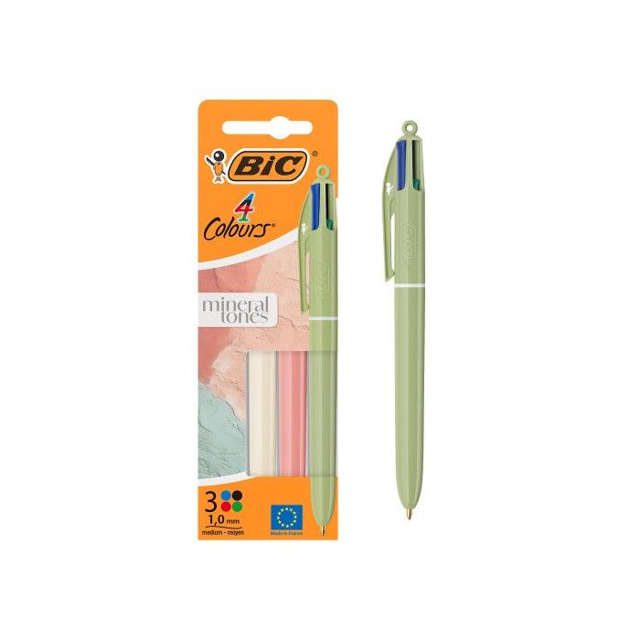 Bic 4 Colours Mineral Tones Pack con 3 Boligrafos de Bola Retractil - 3 Colores Diferentes - Punta Media de 1.0mm - Colores Surt