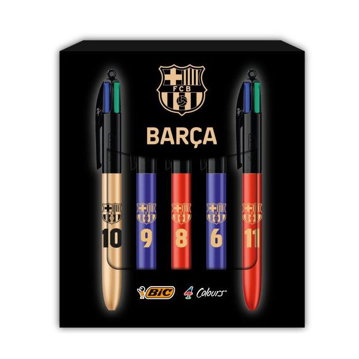 Bic 4 Colours Barça Ed. Lujo Pack con 5 Boligrafos de Bola Retractil - 5 Diseños Diferentes - Punta Media de 1.0mm
