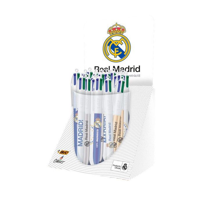 Bic 4 Colours Real Madrid CF Expositor con 30 Boligrafos de Bola Retractil - 6 Diseños Diferentes - Punta Media de 1.0mm